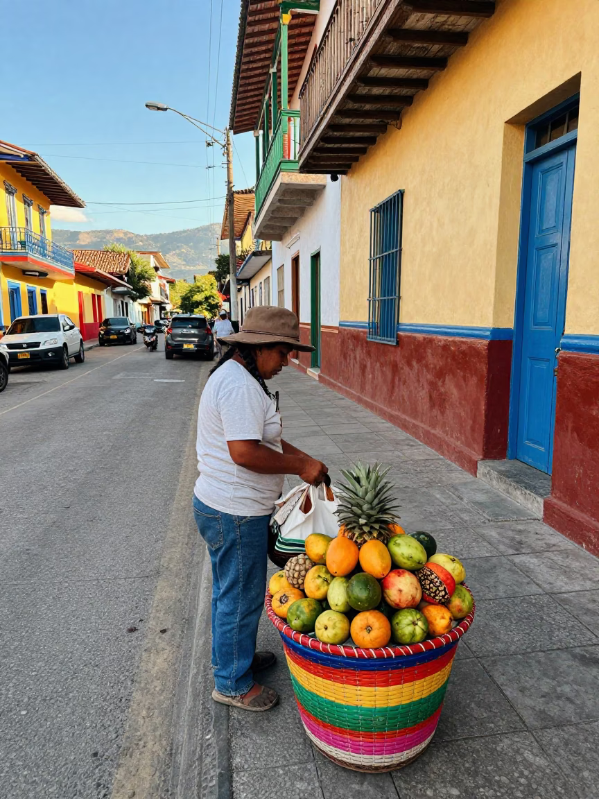 Vibrant Street Scene in Medellin Colombia Featuring Local Basket Vendor and Urban Architecture in in Medellin, Colombia
