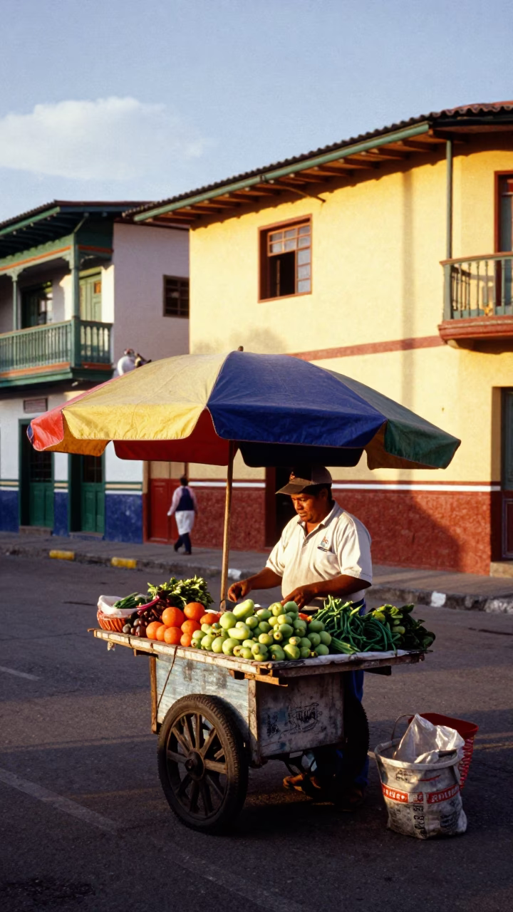 Vibrant Street Scene in Medellin Colombia Late Afternoon with Local Vendor and Traditional Elements in in Medellin, Colombia