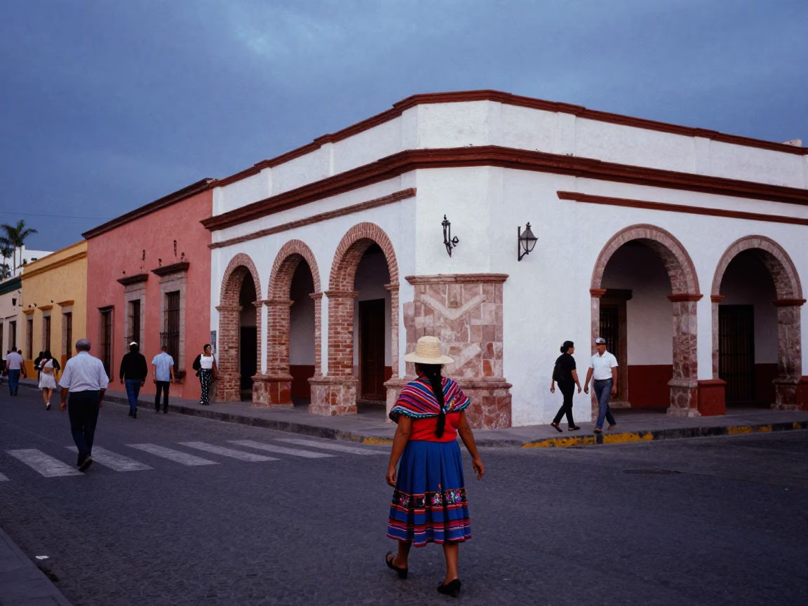 Vibrant Street Scene in Merida Mexico Early Evening with Sun Hat and Colonial Architecture in in Merida, Mexico