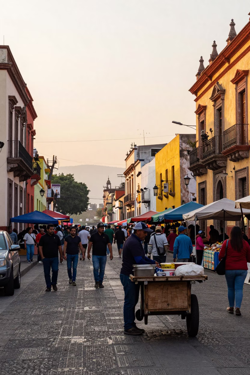Vibrant Street Scene in Mexico City Just After Sunrise with Local Market Activity in in Mexico City, Mexico