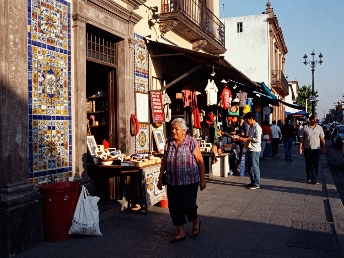 Vibrant Street Scene in Mexico City Late Afternoon with Grandmother and Squash Blossoms in in Mexico City, Mexico