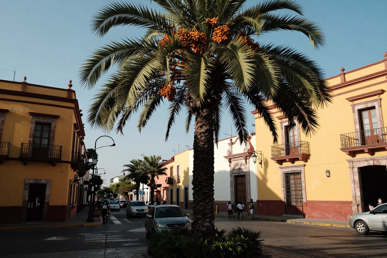 Vibrant Street Scene in Mexico City Late Morning with Date Palm and Horchata in in Mexico City, Mexico