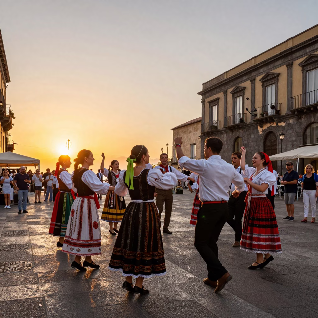 Vibrant Street Scene in Naples Italy with Traditional Folk Dance and Sunset Light in in Naples, Italy