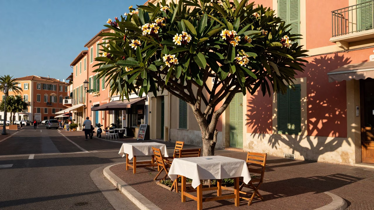 Vibrant Street Scene in Nice France with Frangipani Bloom and Local Market Activity in in Nice, France