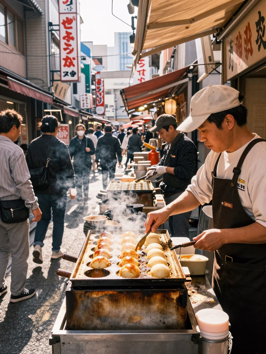 Vibrant Street Scene in Osaka Japan Midmorning Light with Takoyaki Grill and Local Crowd in in Osaka, Japan