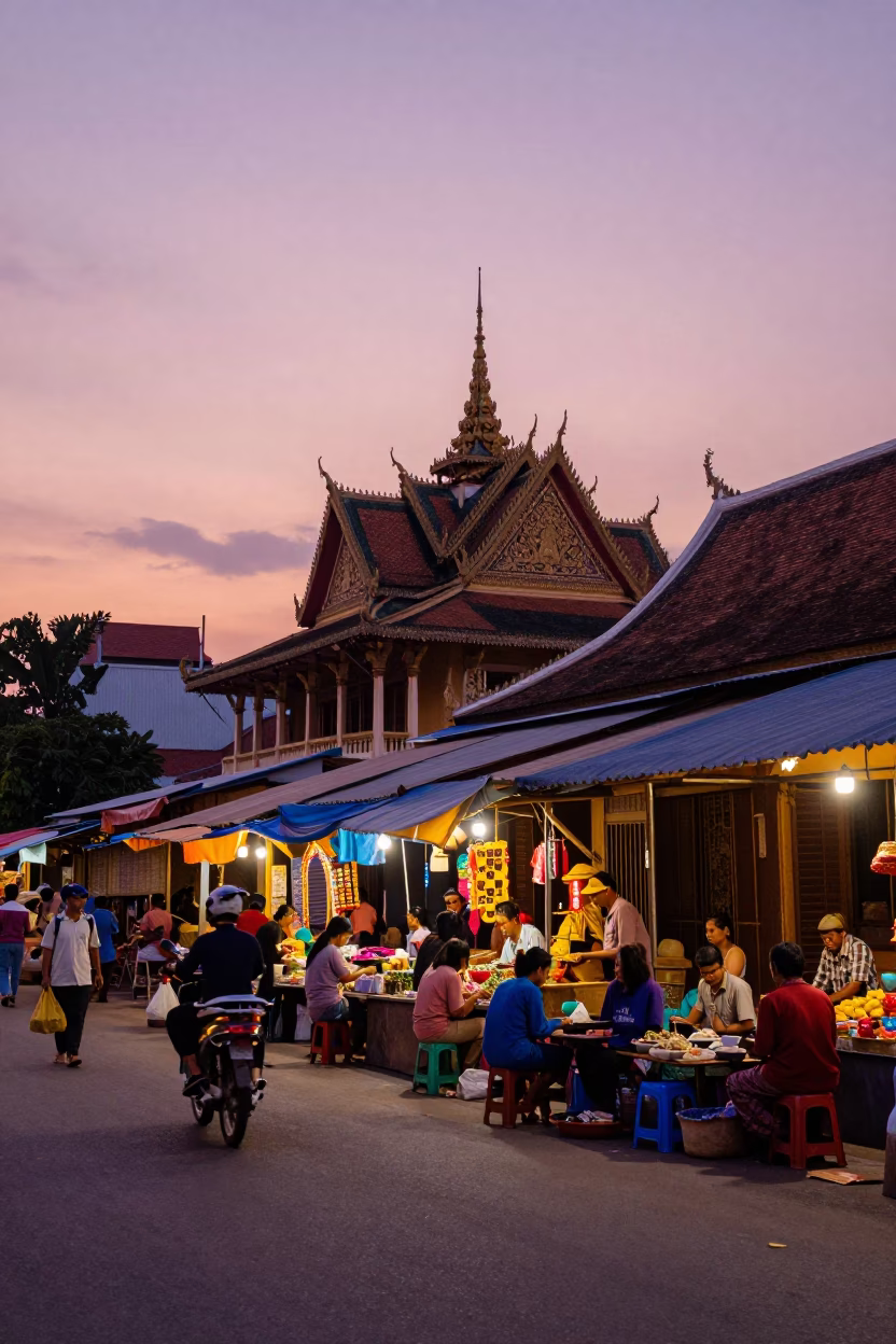Vibrant Street Scene in Phnom Penh Cambodia Early Evening with Local Vendors in in Phnom Penh, Cambodia