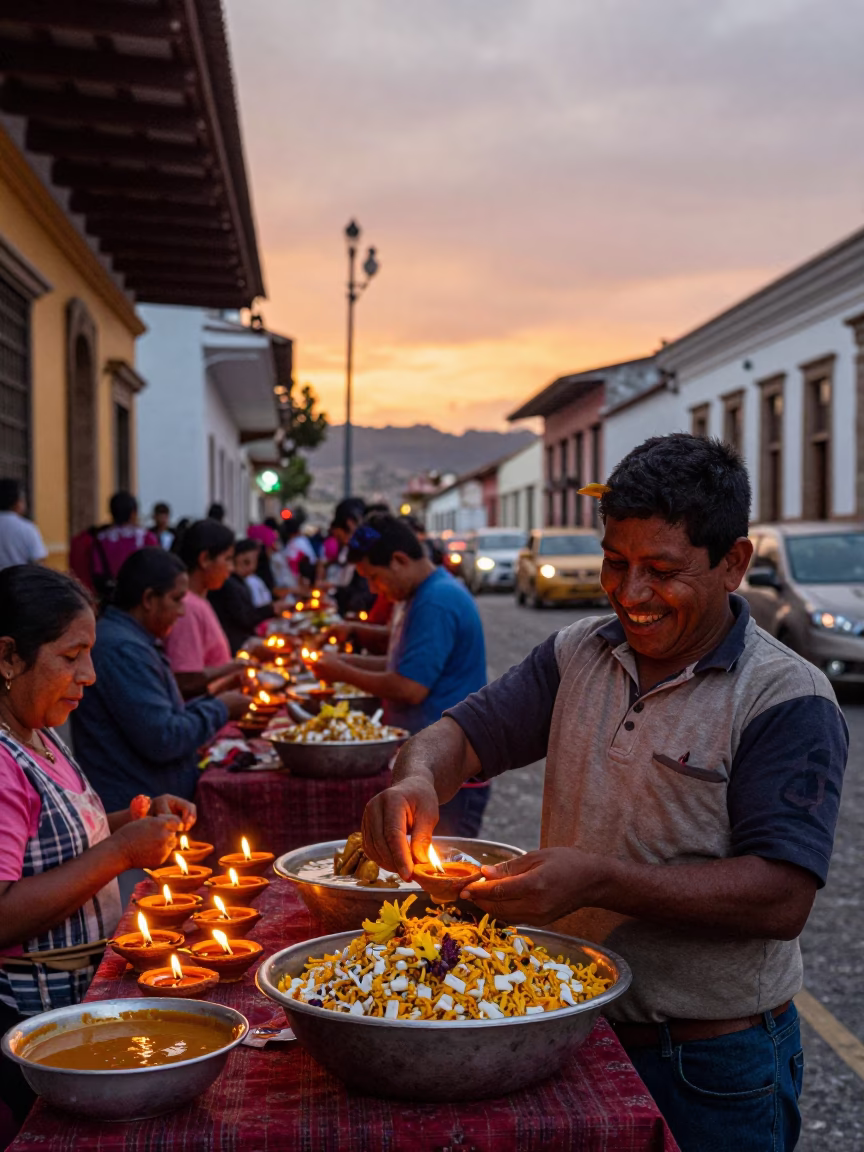 Vibrant Street Scene in Quito Ecuador with Diwali Oil Lamps and Chaat Bowl in in Quito, Ecuador