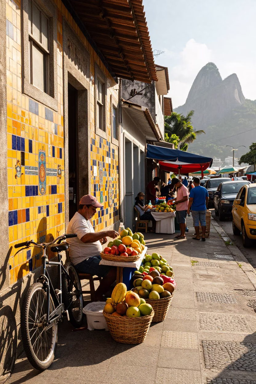 Vibrant Street Scene in Rio de Janeiro Brazil with Local Market Activity in in Rio de Janeiro, Brazil