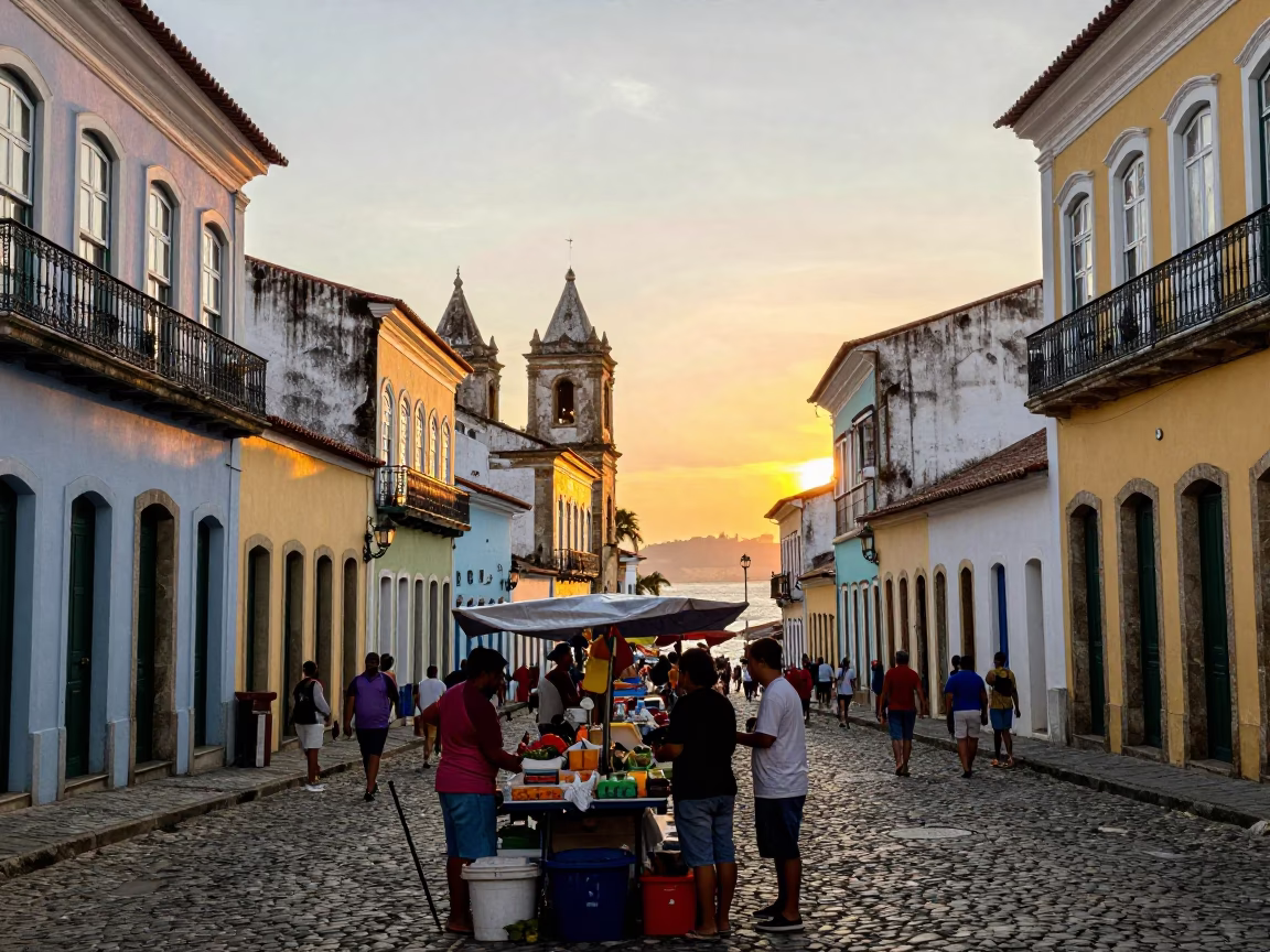 Vibrant Street Scene in Salvador Brazil at Sunset with Local Market Activity in in Salvador, Brazil