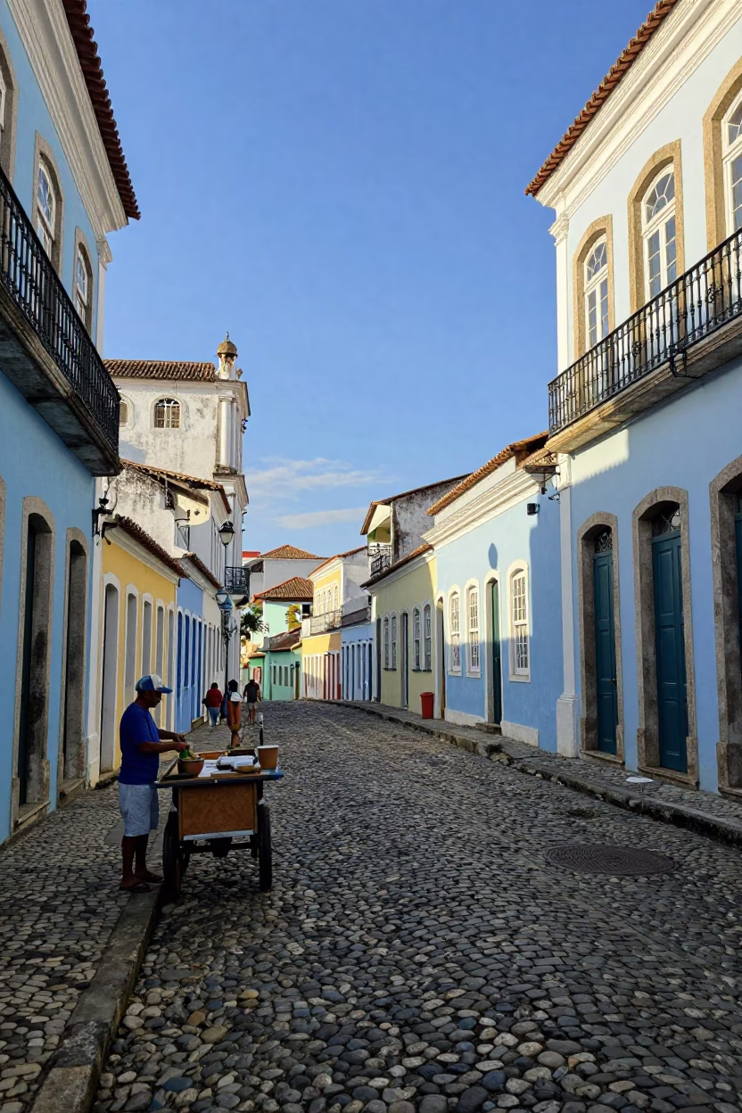 Vibrant Street Scene in Salvador Brazil Early Afternoon with Colonial Architecture and Local Life in in Salvador, Brazil
