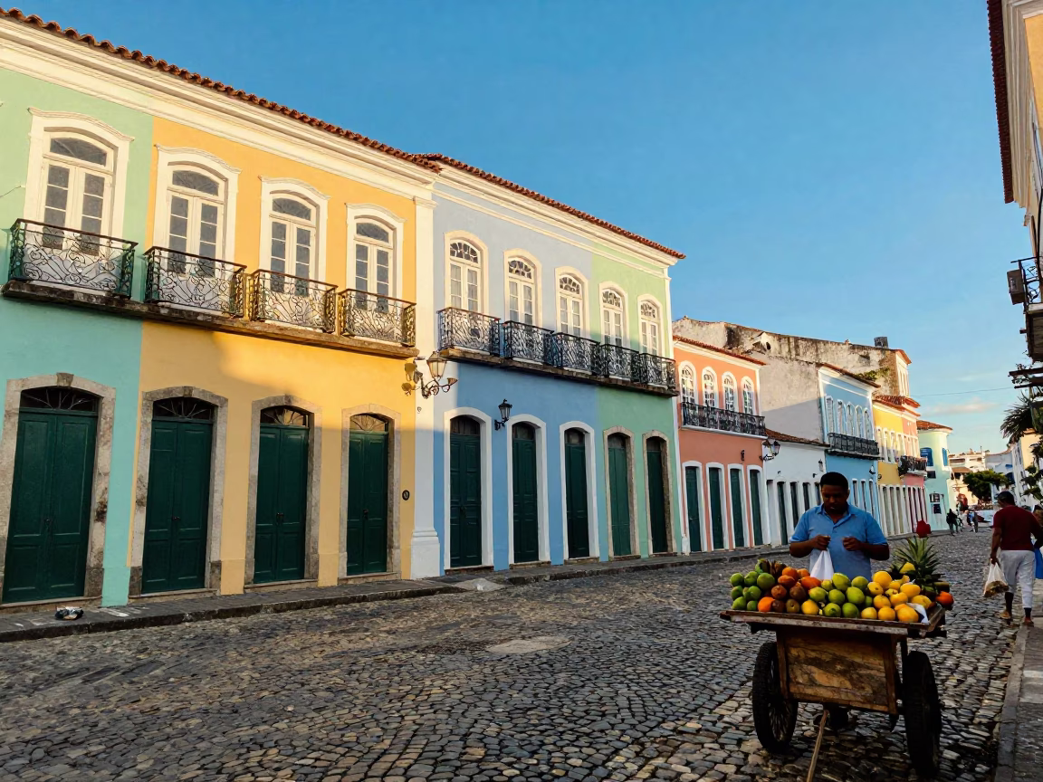 Vibrant Street Scene in Salvador Brazil with Colorful Colonial Architecture and Local Market Activity in in Salvador, Brazil