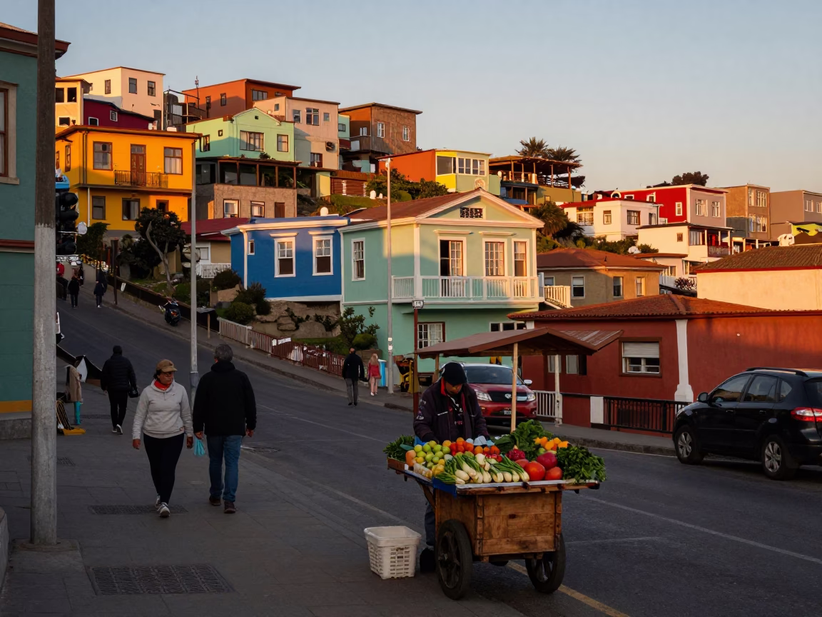 Vibrant Street Scene in Valparaiso Chile During Honeyed Evening Light with Local Life in in Valparaiso, Chile