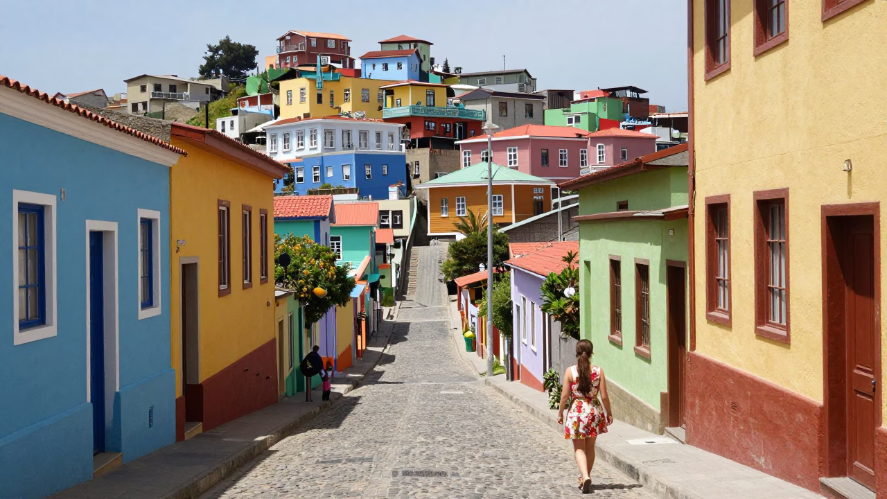 Vibrant Street Scene in Valparaiso Chile with Colorful Architecture and Local Life in in Valparaiso, Chile