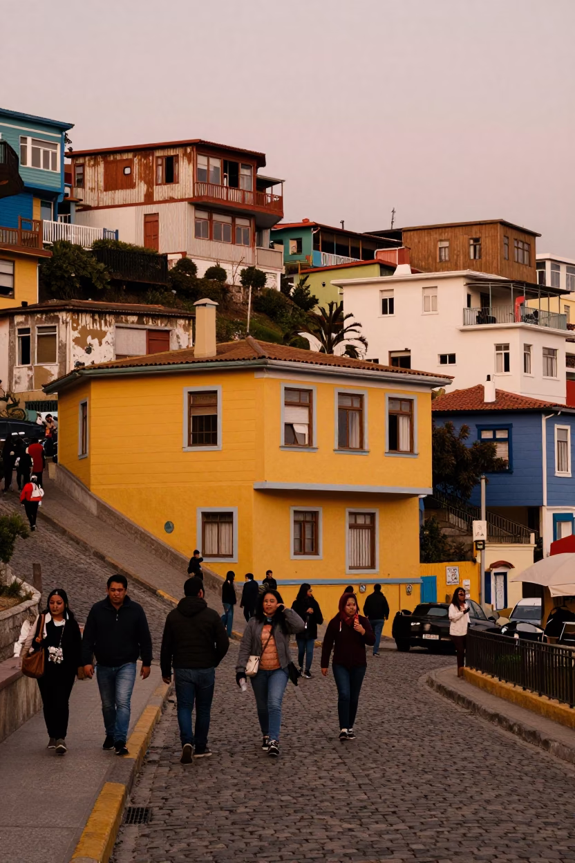 Vibrant street scene in Valparaiso Chile with colorful houses and bustling activity in in Valparaiso, Chile