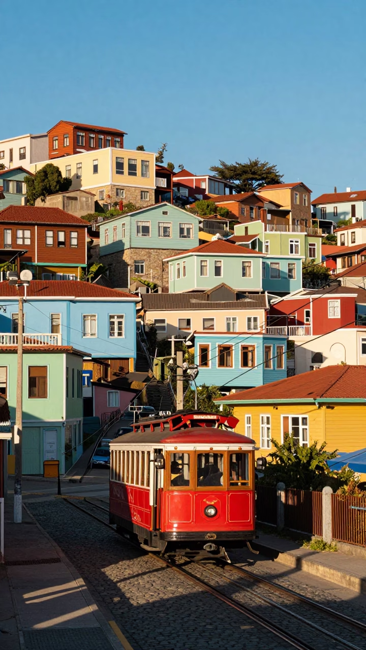Vibrant Street Scene in Valparaiso Chile with Colorful Houses and Cable Car in in Valparaiso, Chile