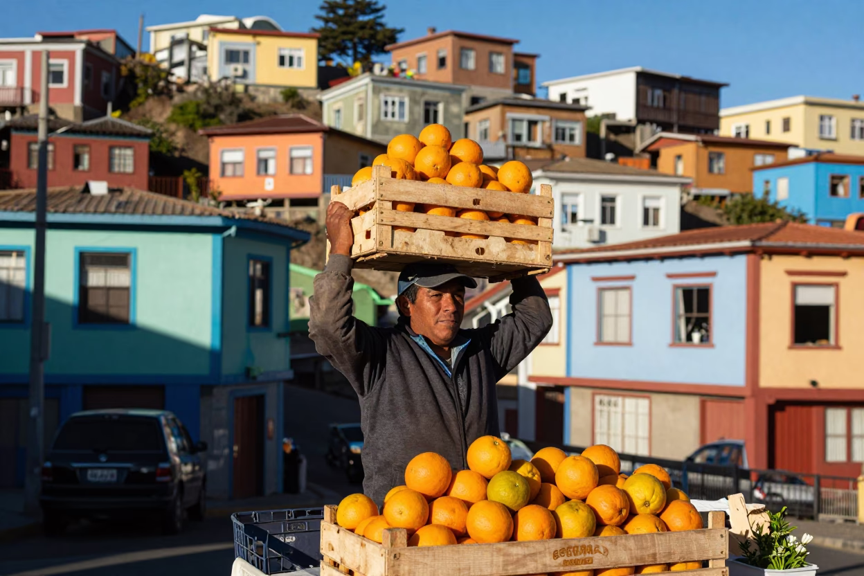 Vibrant Street Vendor Selling Fresh Oranges in Valparaiso Chile Early Afternoon in in Valparaiso, Chile