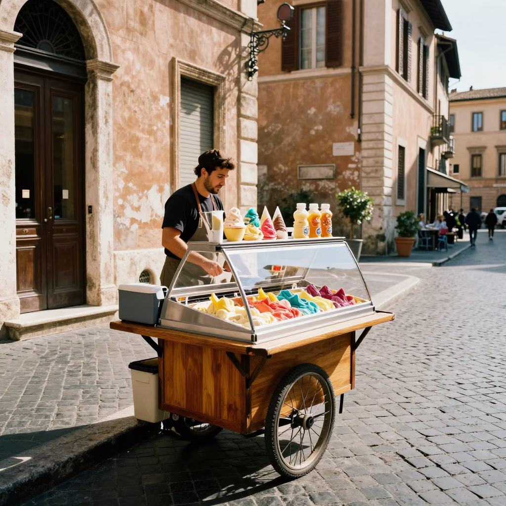 Vibrant Street Vendor Selling Gelato in Historic Rome Afternoon Light in in Rome, Italy