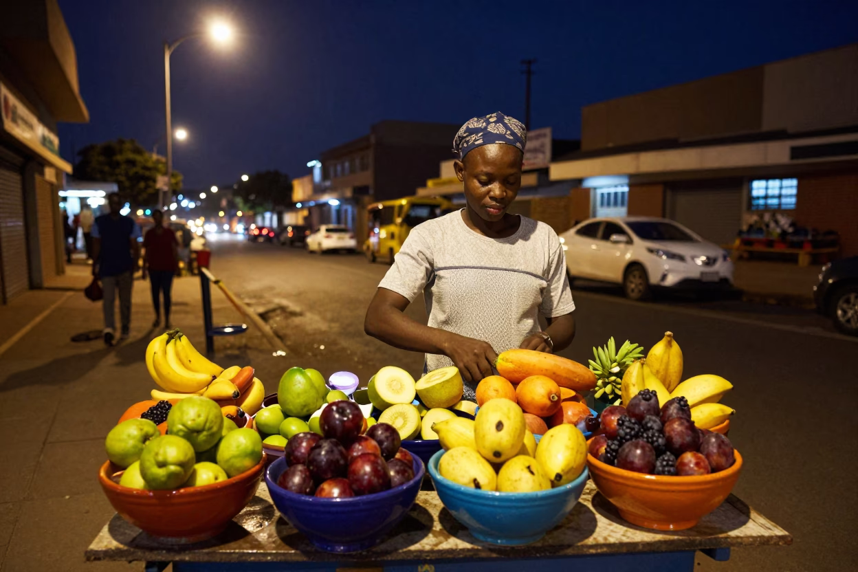 Vibrant Street Vendor Serving Colorful Bowls Under Glowing Johannesburg City Lights at Blue Hour in in Johannesburg, South Africa