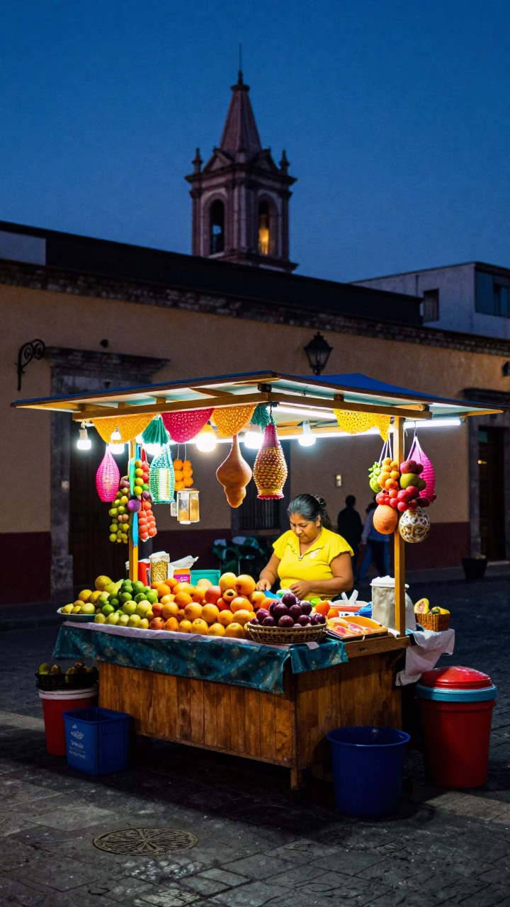 Vibrant Street Vendor Stall Under Indigo Twilight in Mexico City in in Mexico City, Mexico