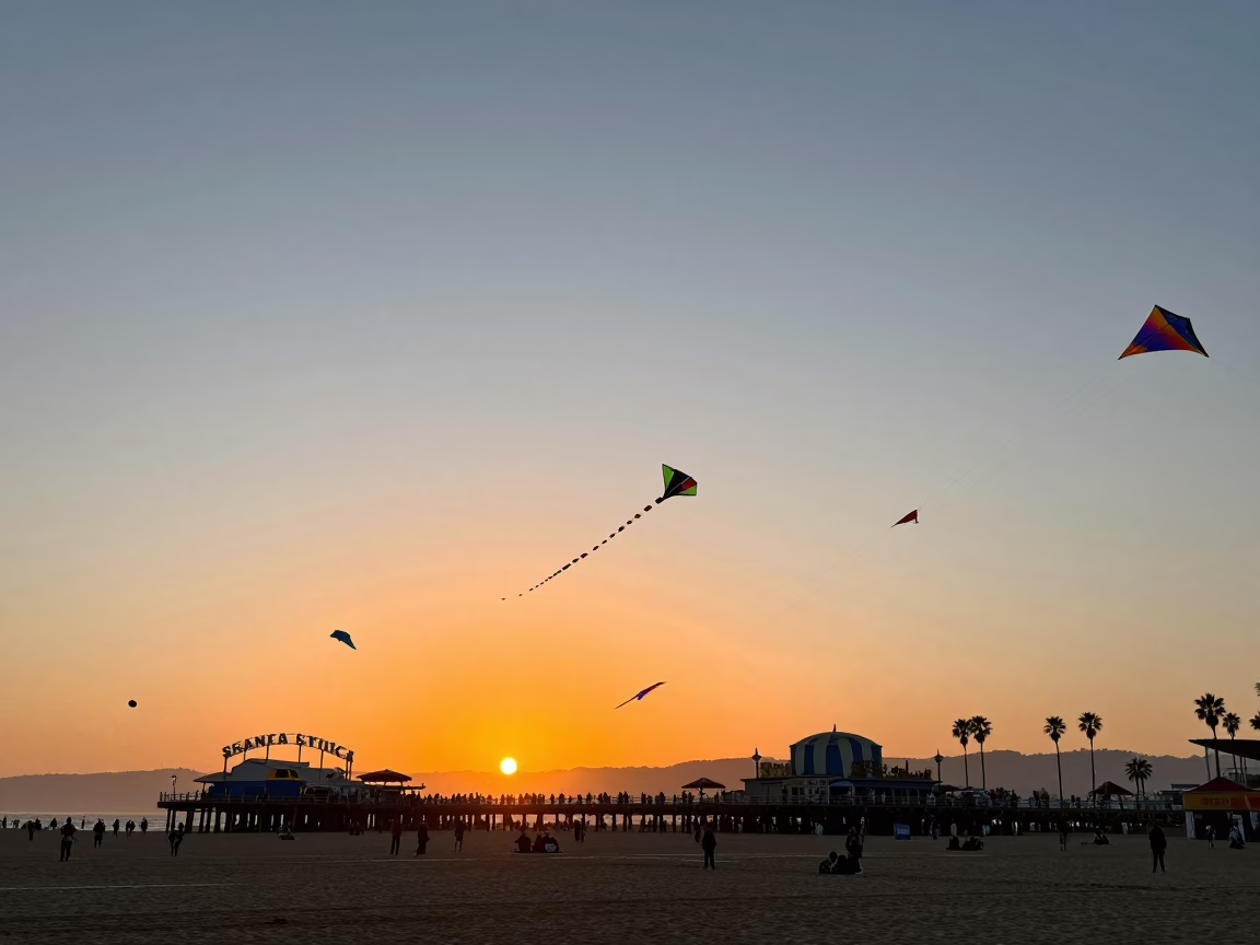 Vibrant Sunset Kite Festival at Santa Monica Pier with Colorful Kites and Crowds in in Los Angeles, California, United States