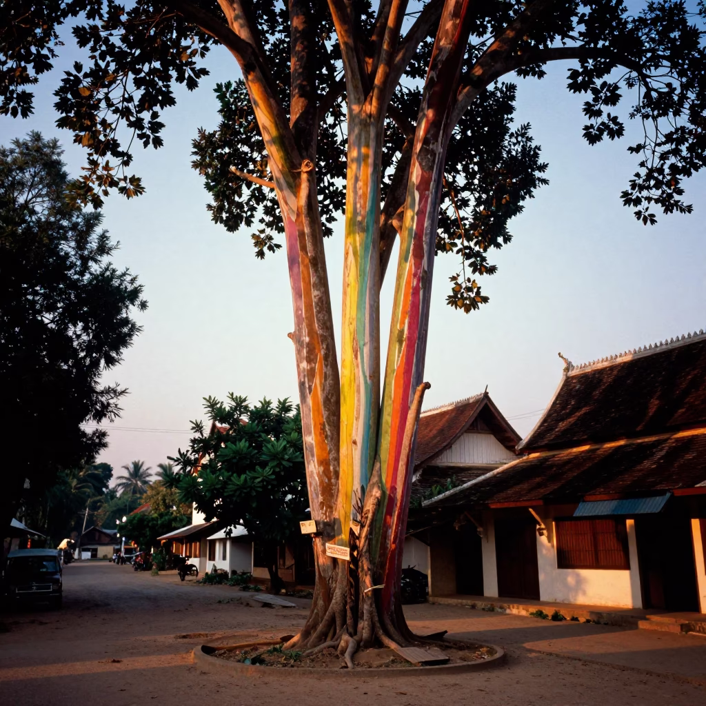 Vibrant Sunset Light on Colorful Rainbow Eucalyptus Bark in Luang Prabang Laos in in Luang Prabang, Laos
