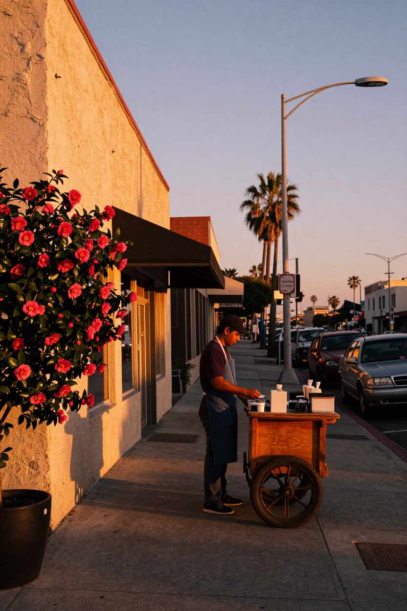 Vibrant Sunset Over Los Angeles Street Scene with Camellia and Apron in in Los Angeles, California, United States