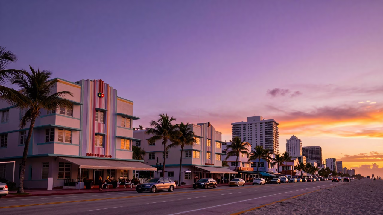 Vibrant Sunset Over Miami Beach Ocean Drive Art Deco Hotels and Palm Trees in in Miami, Florida, United States