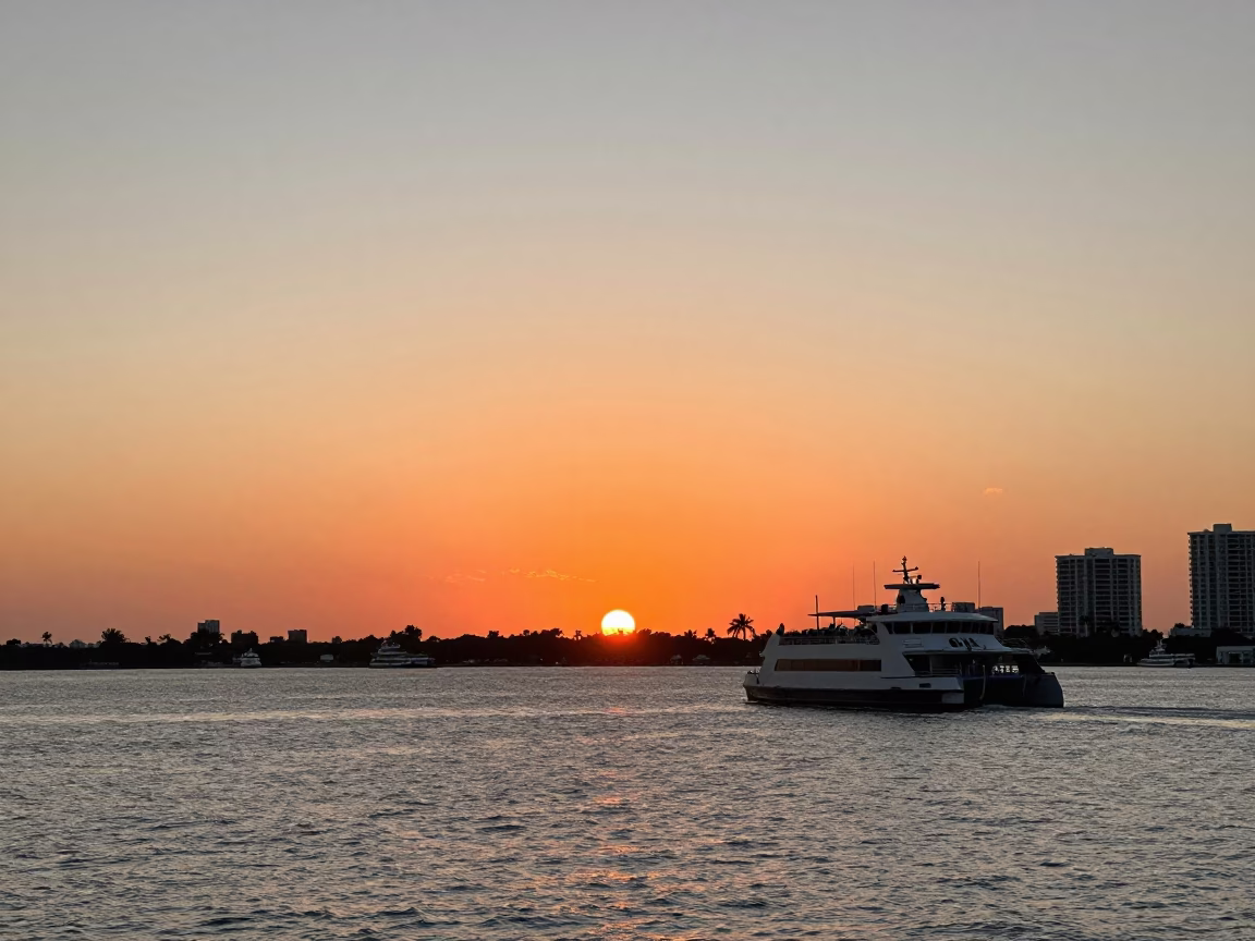 Vibrant Sunset Over Miami Florida Harbor with Catamaran Ferry and Tropical Skyline in in Miami, Florida, United States