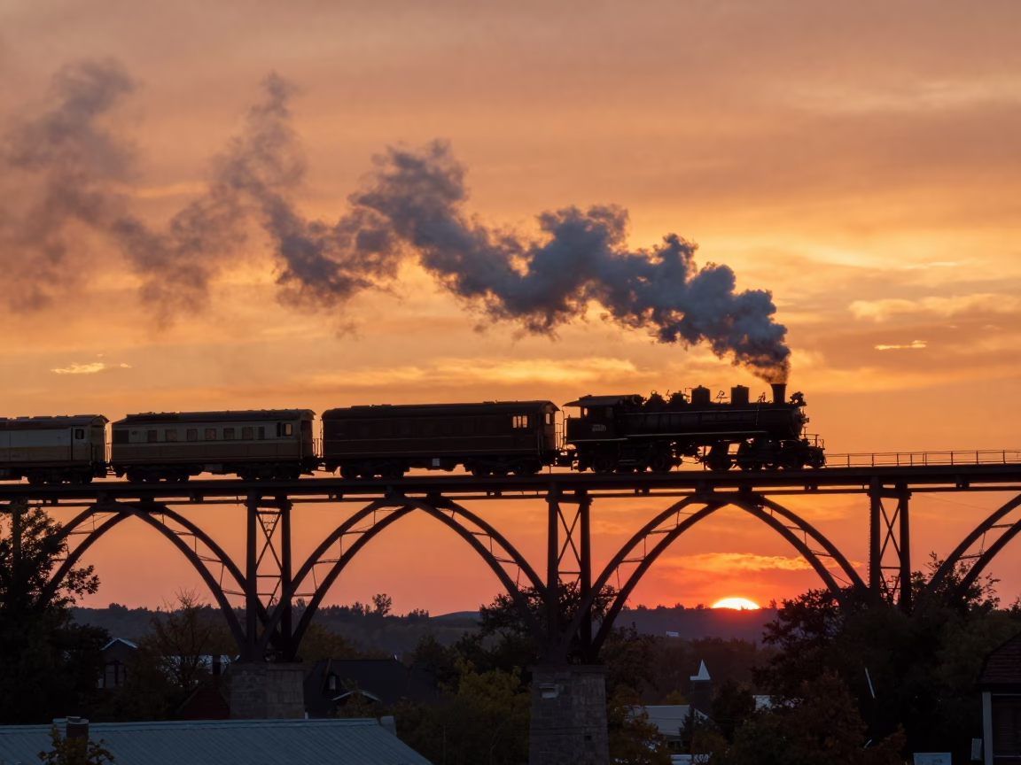 Vibrant Sunset Over Montreal Railway Viaduct with Steam Train Crossing Urban Archways in in Montreal, Quebec, Canada