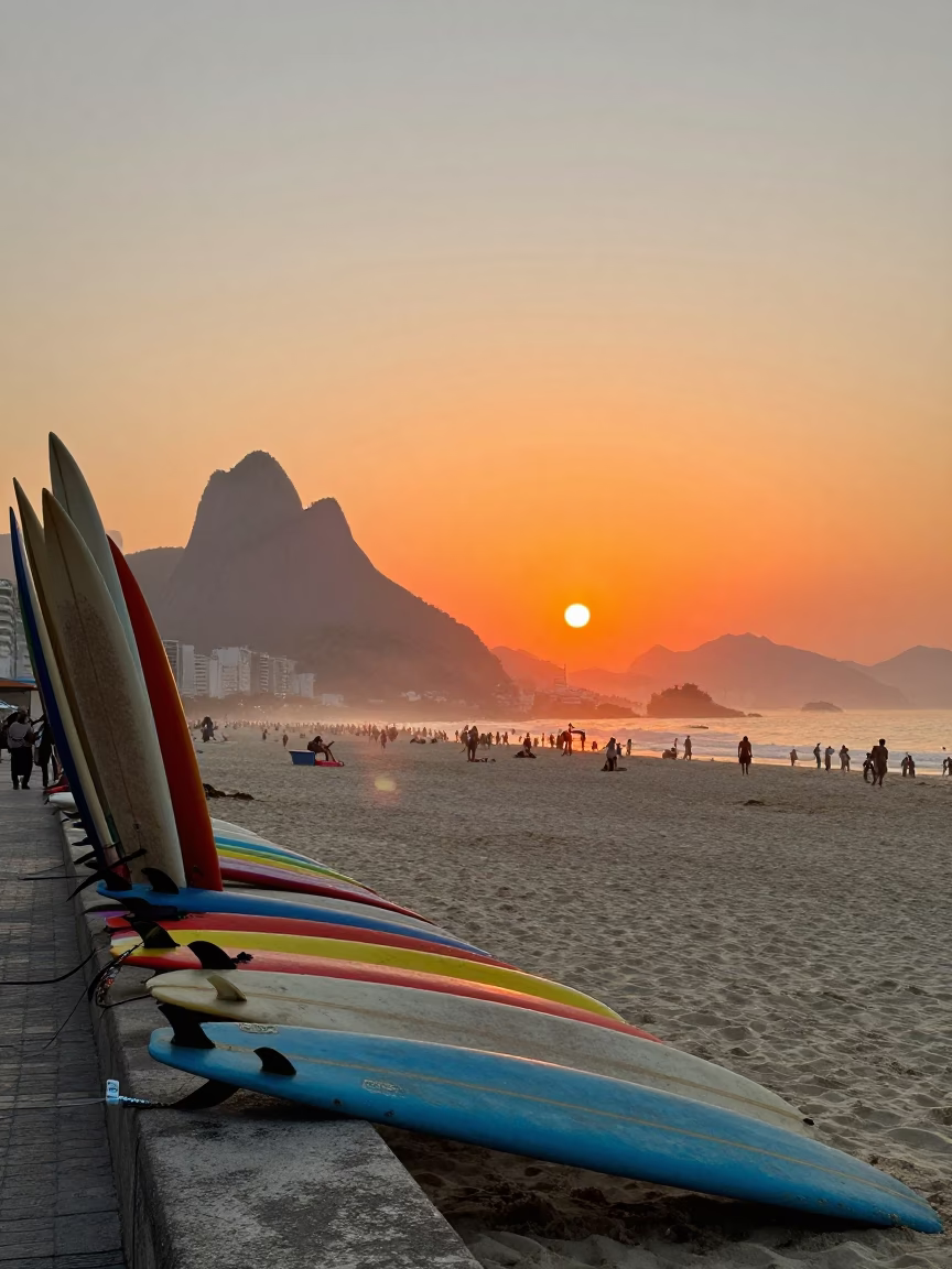 Vibrant Sunset Over Rio de Janeiro Beach with Colorful Surfboards and Coastal Life in in Rio de Janeiro, Brazil
