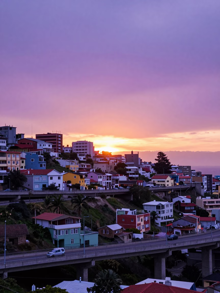 Vibrant Sunset Over Valparaiso Chile Hillside Homes and Concrete Overpass Ramp in in Valparaiso, Chile