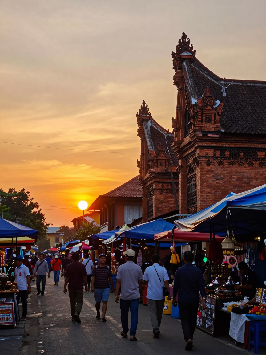Vibrant Sunset Over Yogyakarta Indonesia Street Market with Traditional Javanian Architecture and Local Life in in Yogyakarta, Indonesia