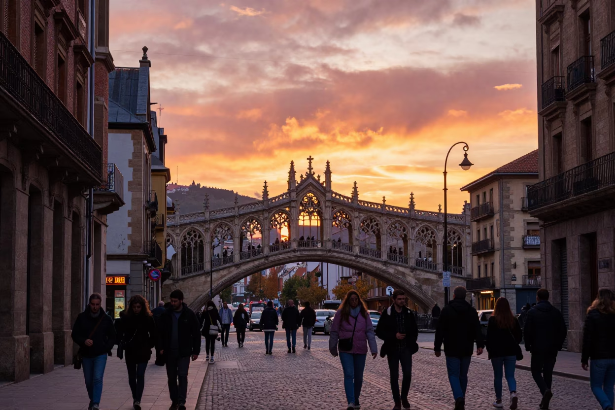 Vibrant Sunset Scene in Bilbao Spain with Gothic Bridge and Street Life in in Bilbao, Spain