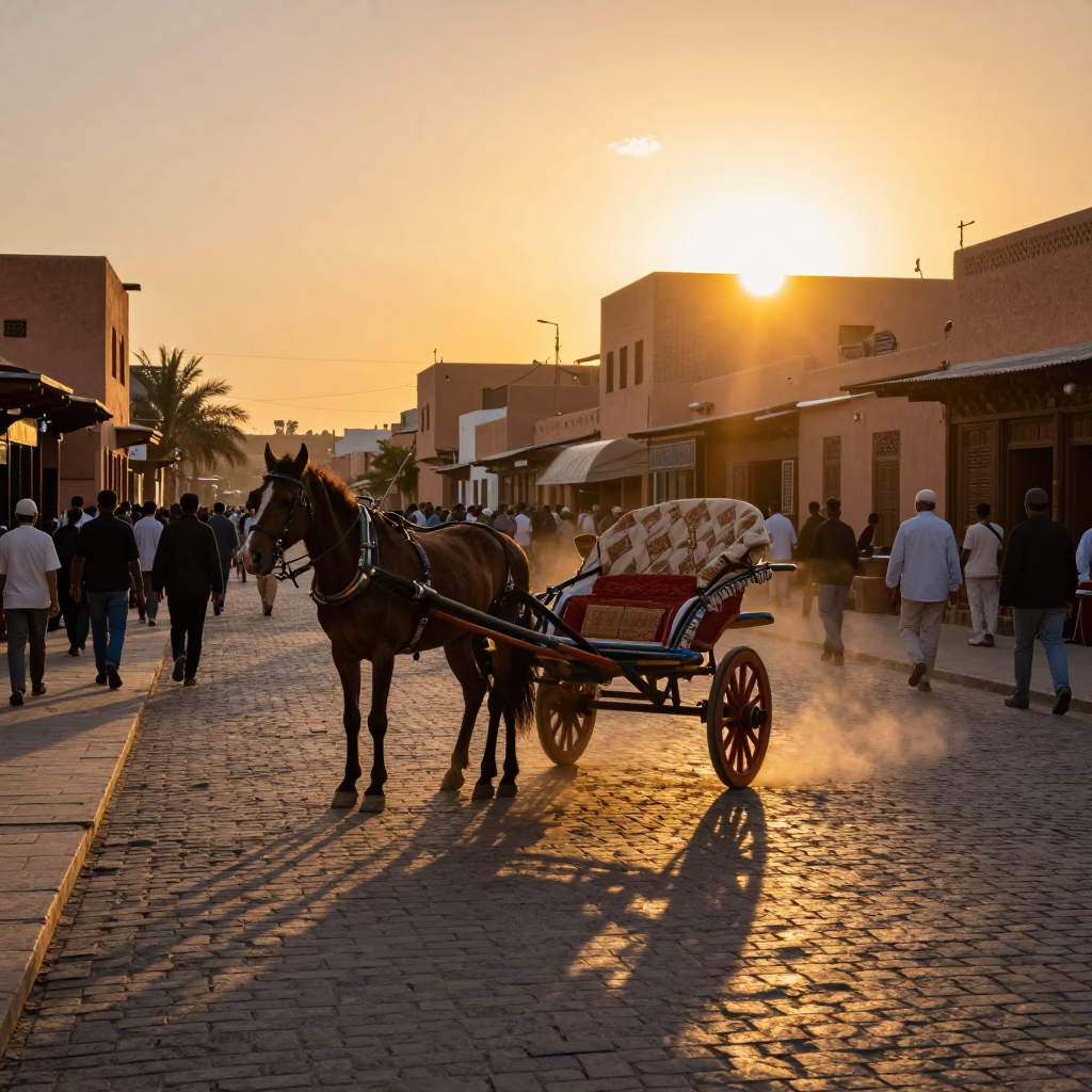 Vibrant Sunset Scene in Marrakech Medina with Horse-Drawed Cart and Local Street Life in in Marrakech, Morocco