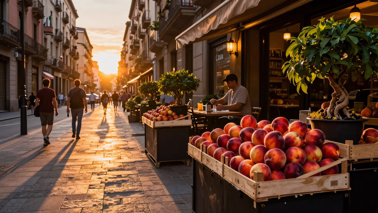 Vibrant Sunset Street Scene in Barcelona Spain with Nectarines and Bonsai Juniper in in Barcelona, Spain