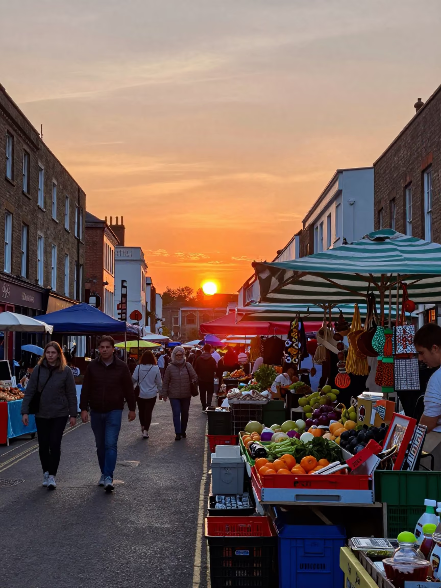 Vibrant Sunset Street Scene in Bristol UK Featuring Colorful Market Stalls and Urban Architecture in in Bristol, United Kingdom