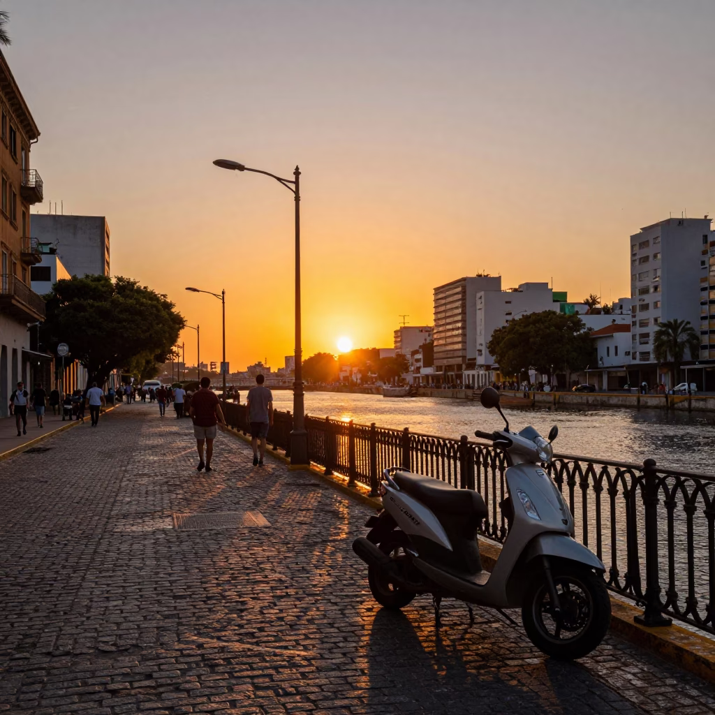 Vibrant Sunset Street Scene in Buenos Aires Argentina with Scooter and Local Life in in Buenos Aires, Argentina