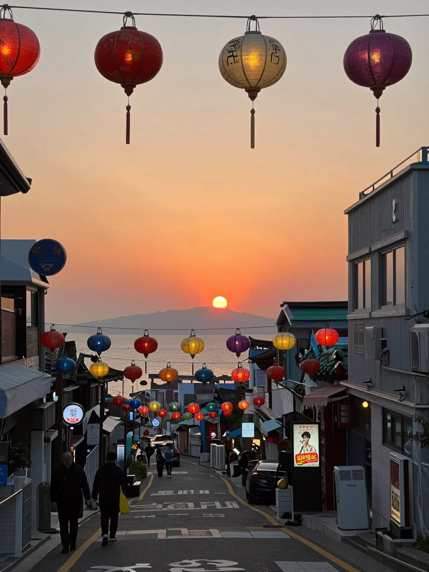 Vibrant Sunset Street Scene in Busan South Korea with Colorful Lanterns and Local Diners in in Busan, South Korea