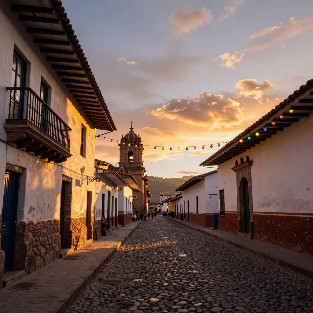 Vibrant Sunset Street Scene in Cusco Peru with String Lights and Colonial Architecture in in Cusco, Peru