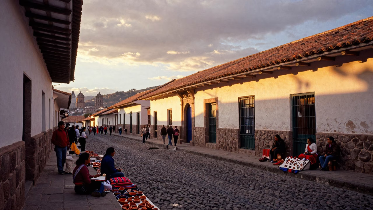 Vibrant Sunset Street Scene in Cusco Peru with Traditional Pottery and Local Market Activity in in Cusco, Peru