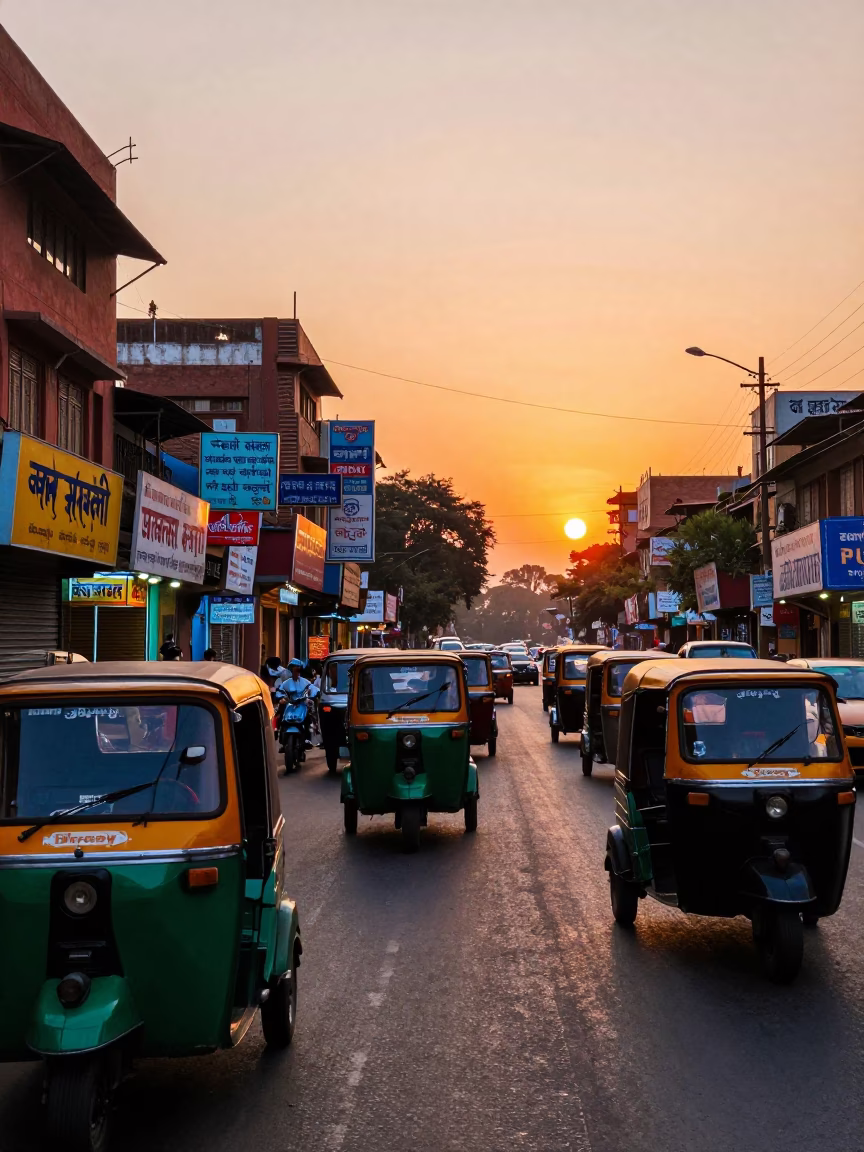 Vibrant Sunset Street Scene in Delhi India with Colorful Shop Signs and Busy Traffic in in Delhi, India