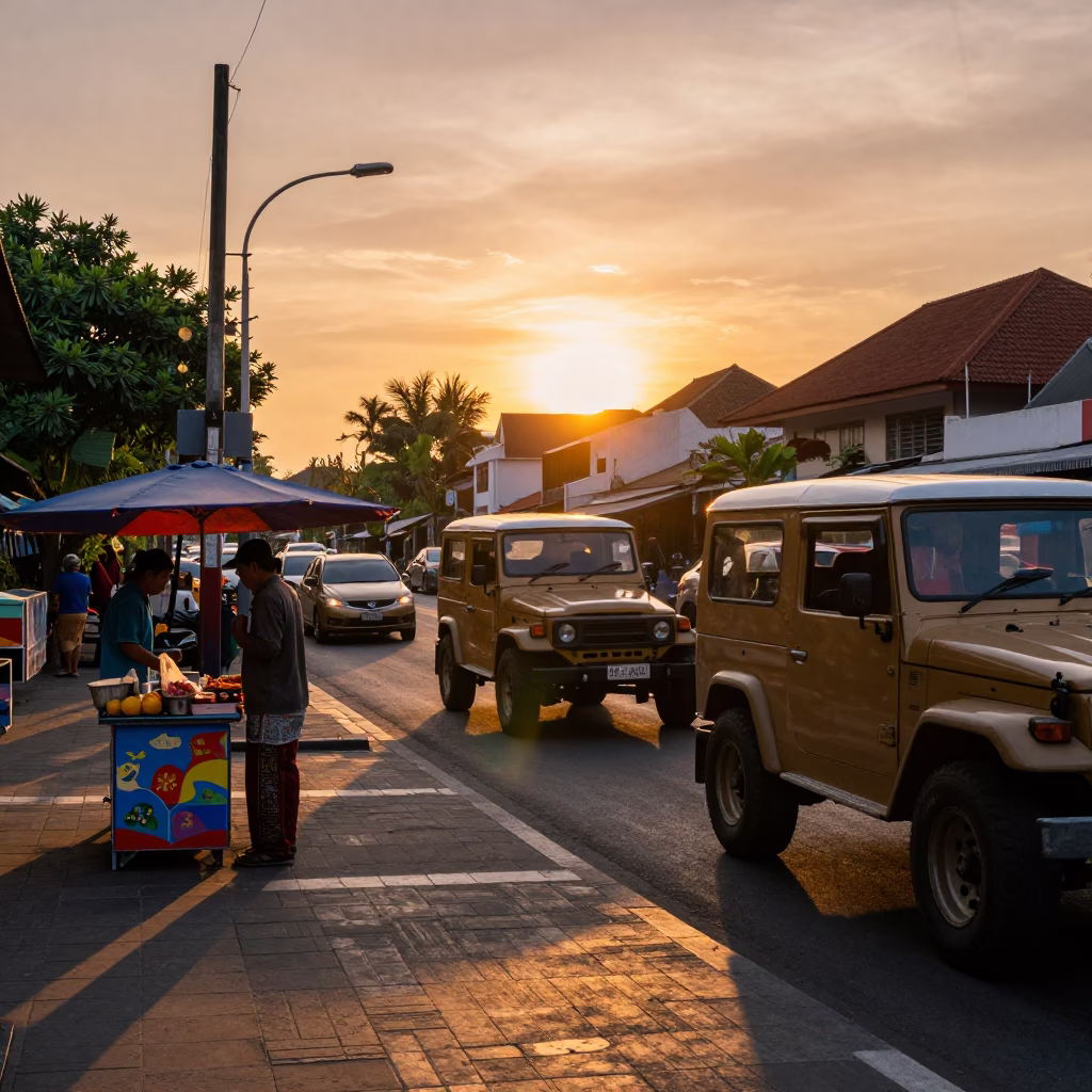 Vibrant Sunset Street Scene in Denpasar Bali with Local Vendor and Vintage SUV in in Denpasar, Indonesia