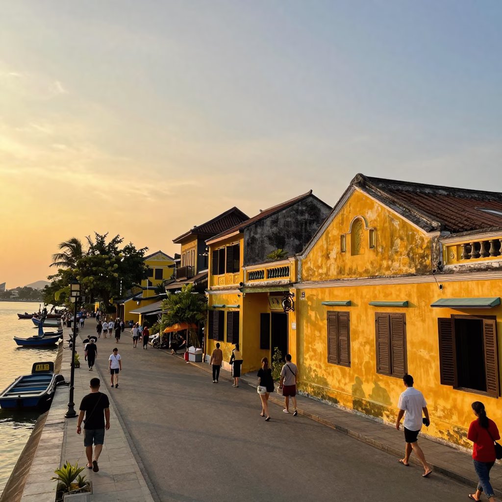 Vibrant Sunset Street Scene in Hoi An Vietnam with Yellow Buildings and Local Life in in Hoi An, Vietnam
