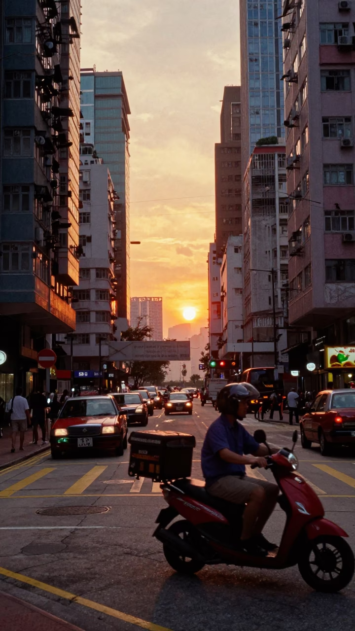 Vibrant Sunset Street Scene in Hong Kong with Scooter and Local Commerce in in Hong Kong, Hong Kong