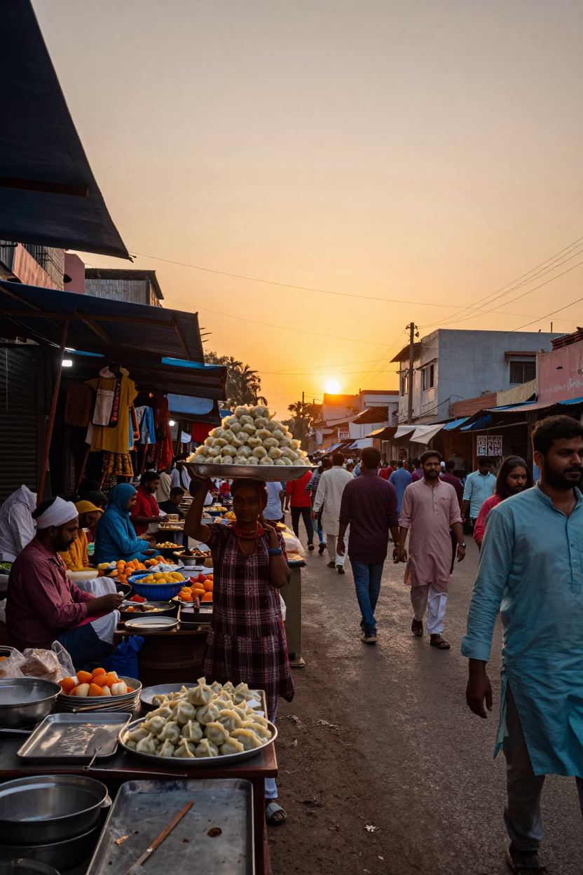 Vibrant Sunset Street Scene in Hyderabad India with Local Market Goods in in Hyderabad, India