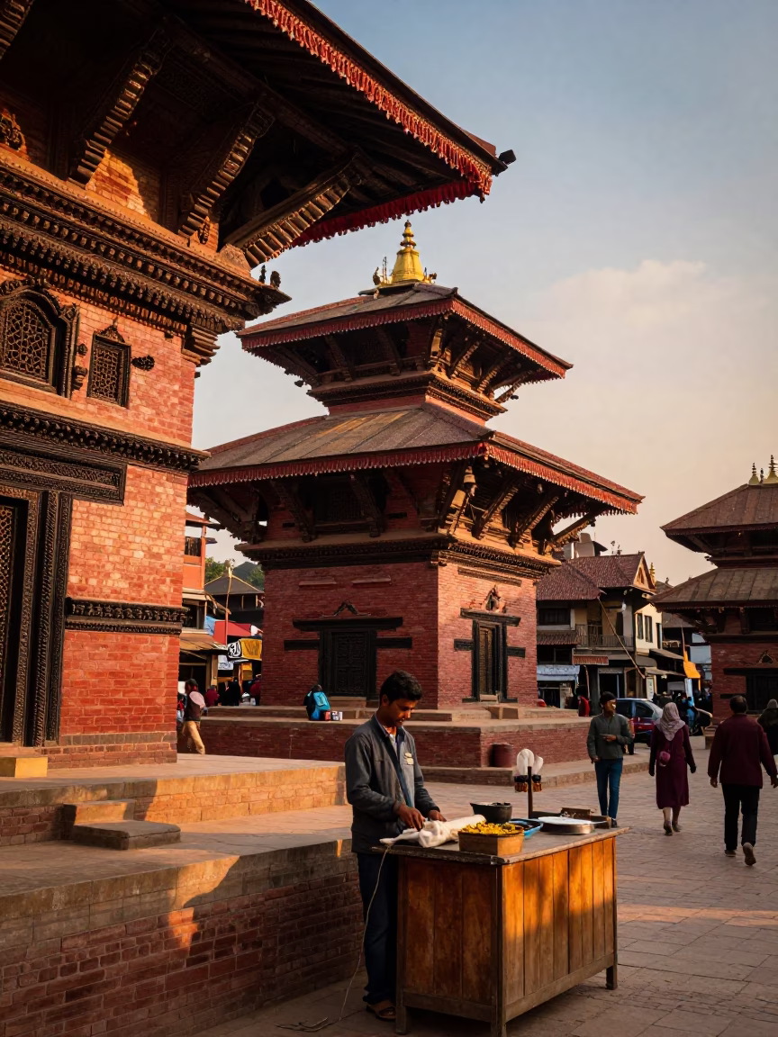 Vibrant Sunset Street Scene in Kathmandu Nepal with Traditional Architecture and Local Life in in Kathmandu, Nepal
