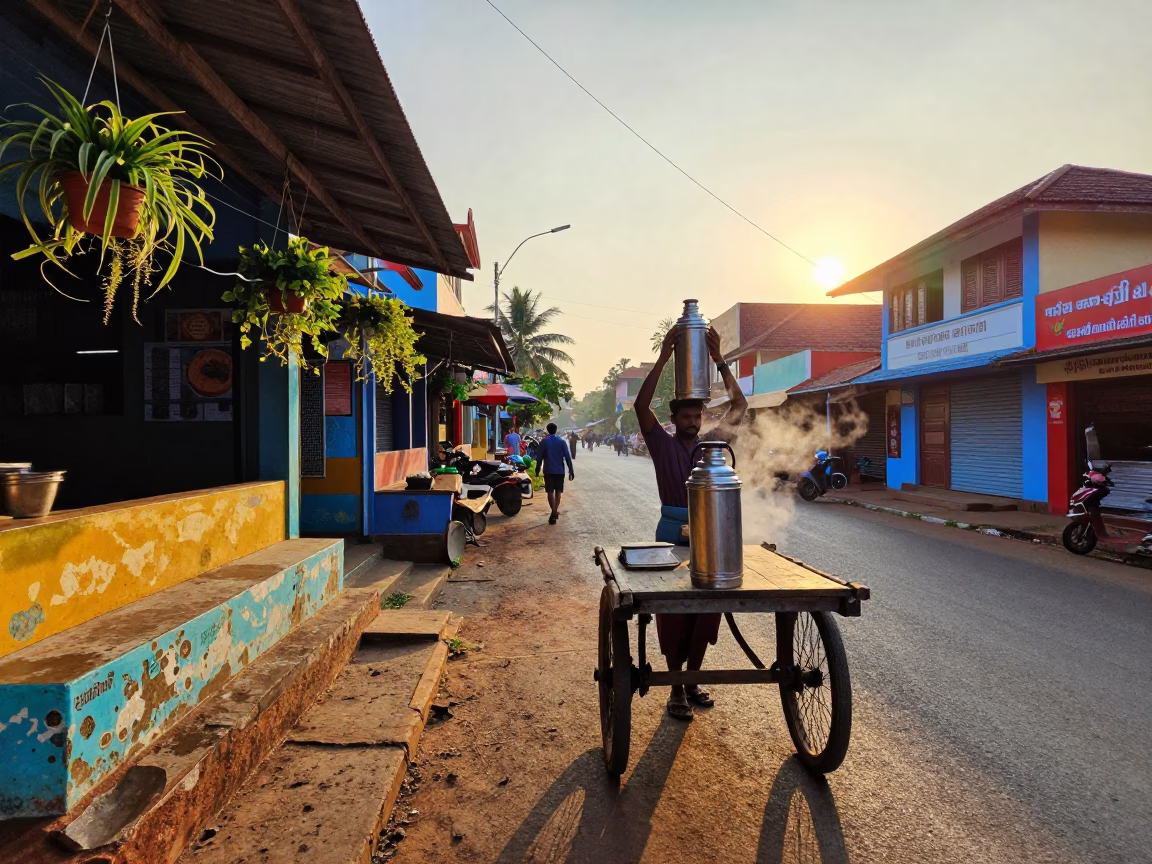 Vibrant Sunset Street Scene in Kochi India with Hanging Plants and Thermal Containers in in Kochi, India