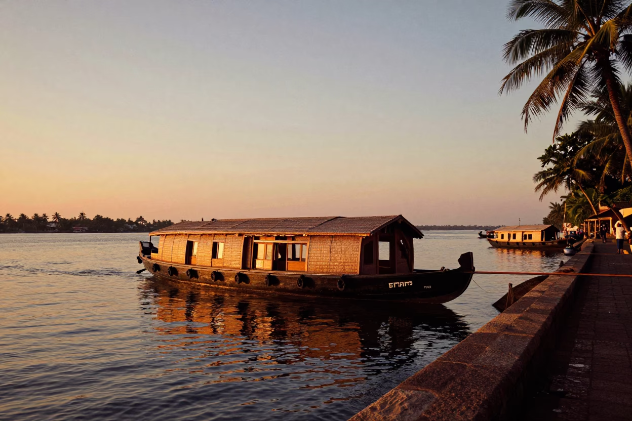 Vibrant Sunset Street Scene in Kochi India with Traditional Houseboat and Water Droplets in in Kochi, India