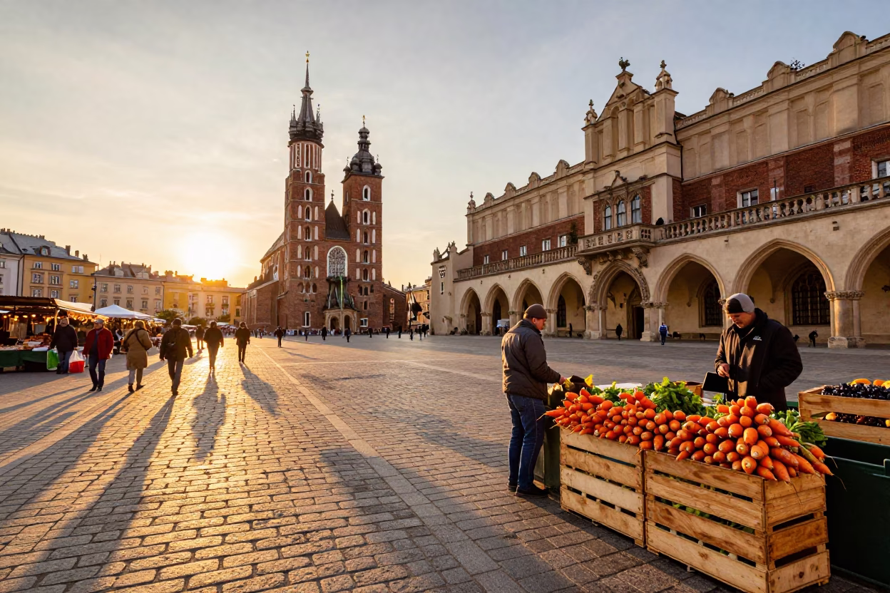 Vibrant Sunset Street Scene in Krakow Poland with Local Market Activity in in Krakow, Poland