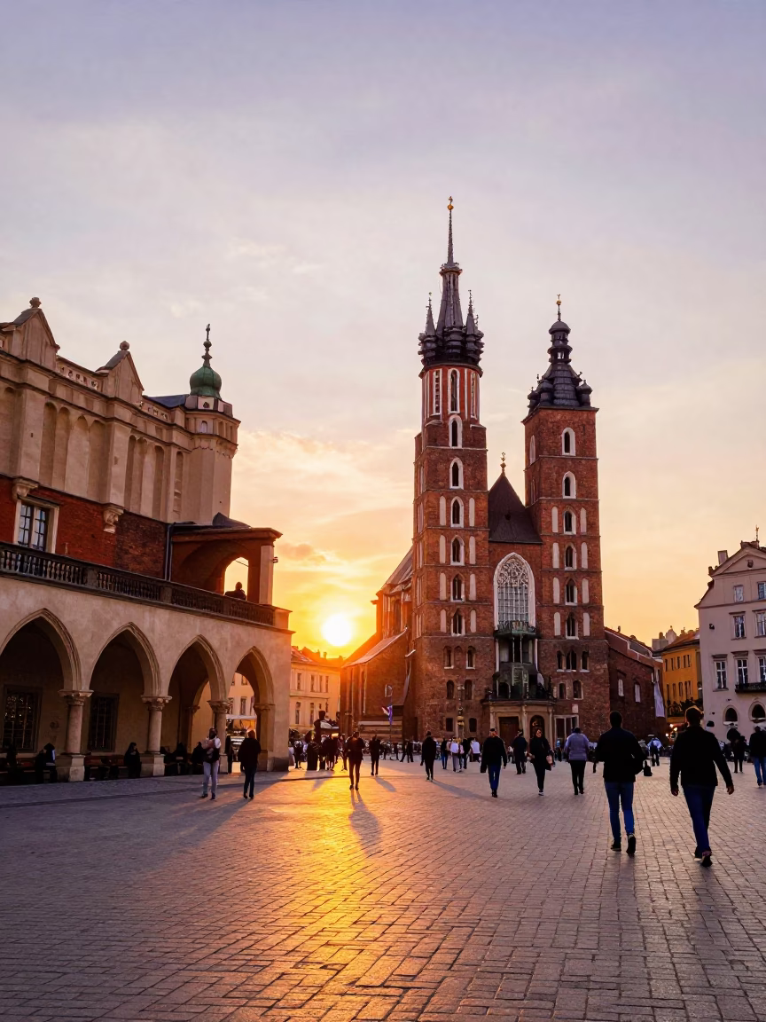 Vibrant Sunset Street Scene in Krakow Poland with Tourists and Historic Architecture in in Krakow, Poland